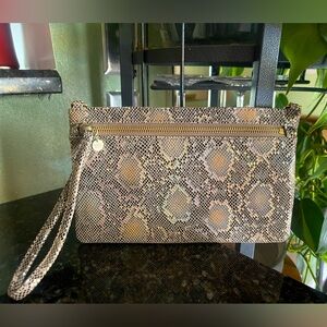 HOBO Day Snakeskin Print Clutch in Brown and Tan with Gold Zip